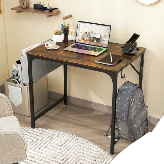 32 Inch Desk with Charging Station and Storage, dark brown woodgrain top with black metal legs on Tampa Home & Garden Store