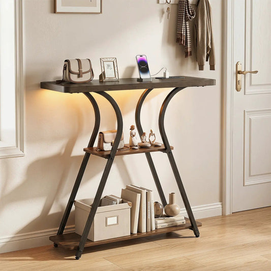 32-inch Console Table with outlets and LED lights, dark wood top and curved black metal legs on Tampa Home & Garden Store