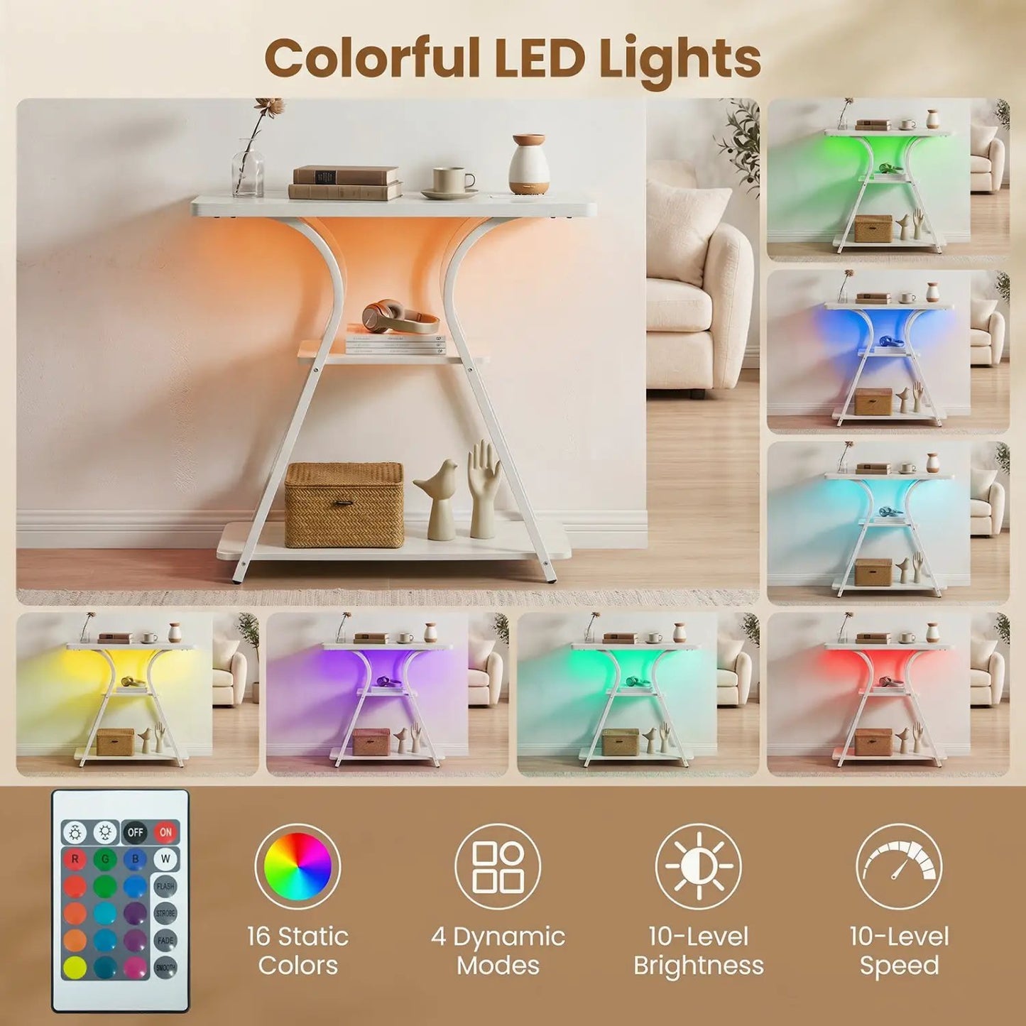 32-inch Console Table with built-in outlets and RGB LED lighting, white finish on Tampa Home & Garden Store