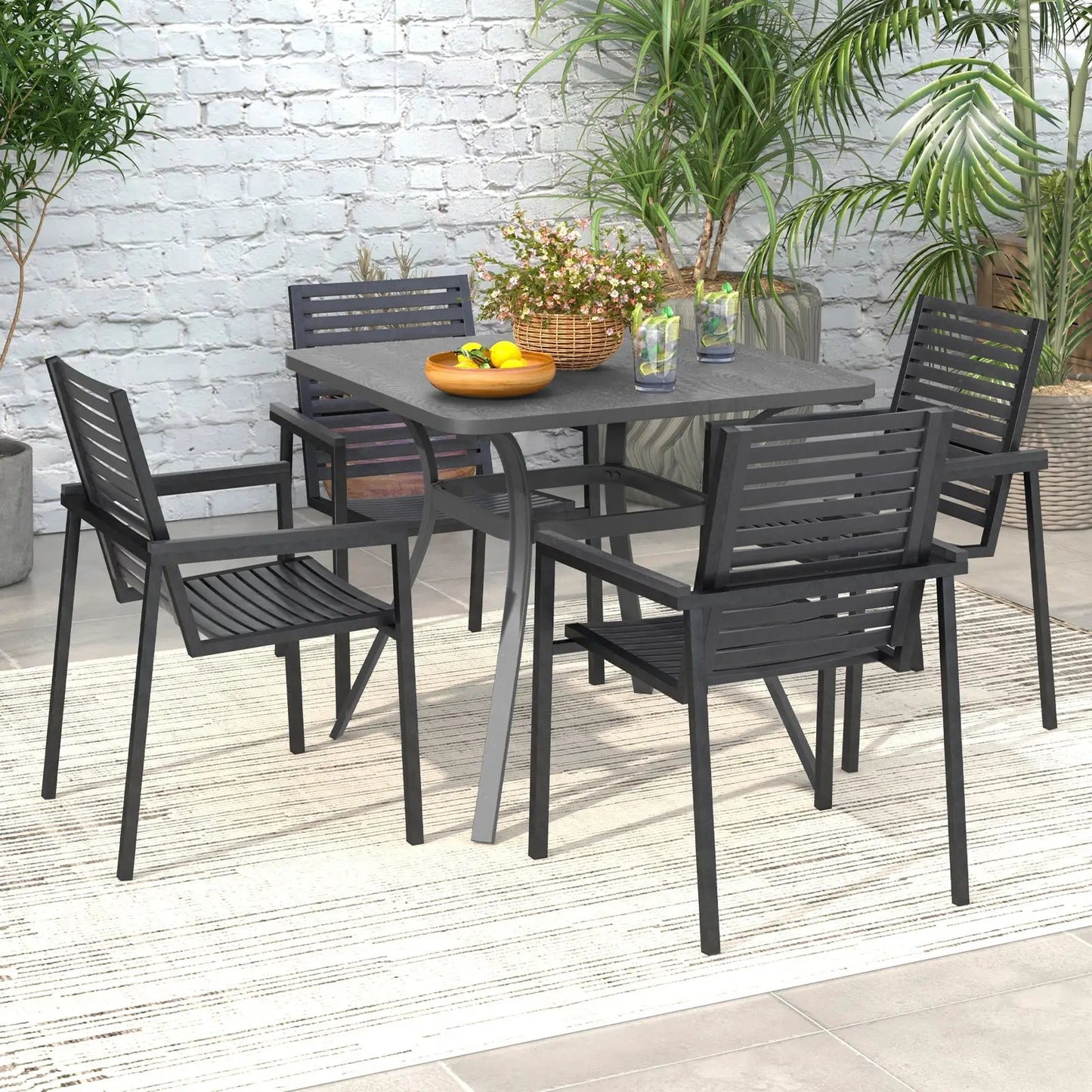 32-inch square metal outdoor dining table with four gray slat-back chairs on patio on Tampa Home & Garden Store