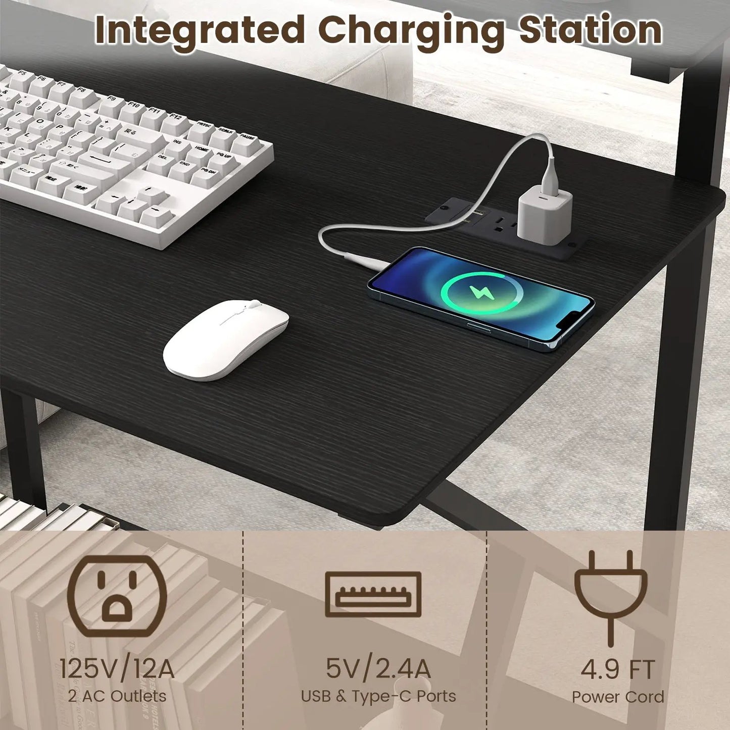 32-Inch rolling computer desk with built-in power outlets, USB ports, black wood finish on Tampa Home & Garden Store