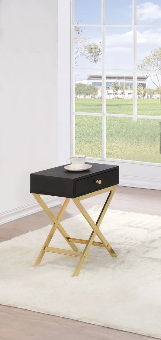 Coleen Elegant Design Accent Table black finish with gold X-frame legs and a single drawer on Tampa Home & Garden Store