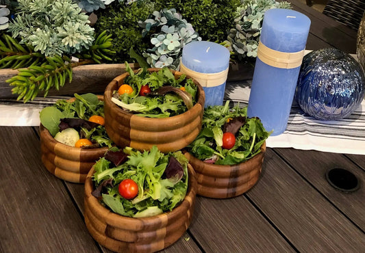 Set of 4 Kalmar Home acacia wood salad bowls in natural finish on Tampa Home & Garden Store