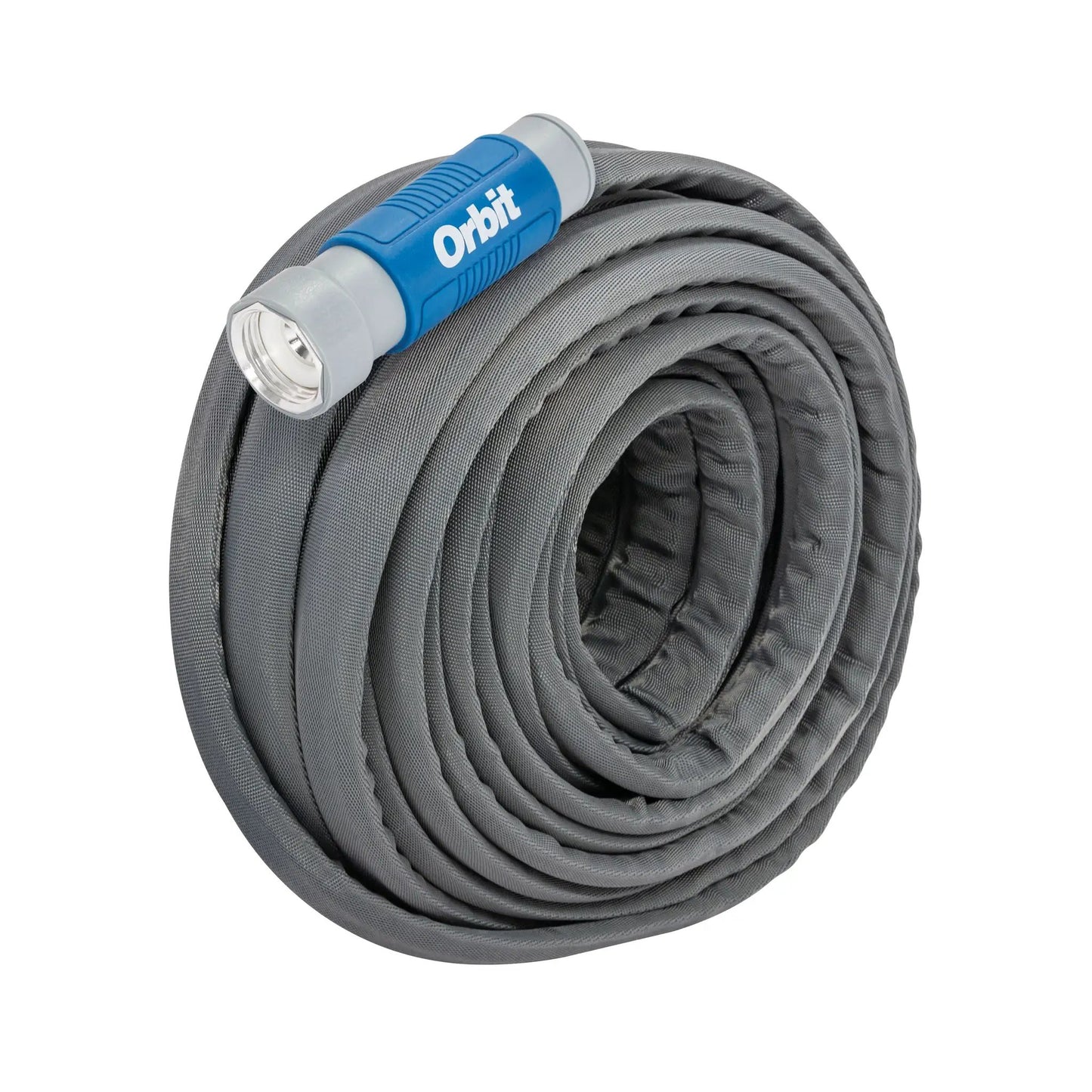 Orbit heavy-duty fabric hose with anti-kink, rolled gray hose with blue connector on Tampa Home & Garden Store