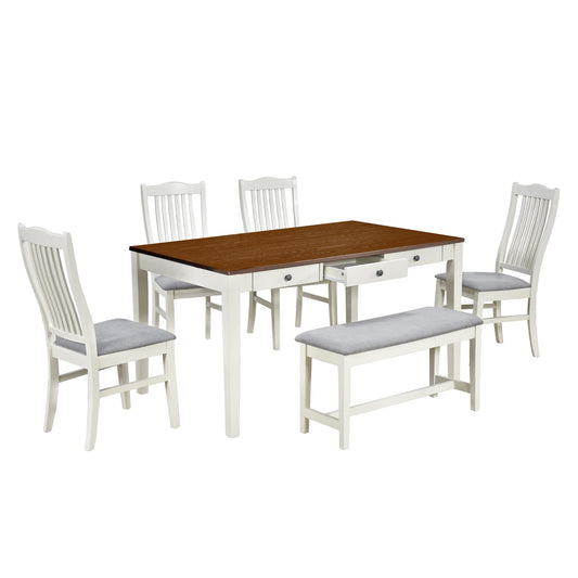 TOPMAX Mid-Century 6-Piece Wood Dining Table Set, Kitchen Table Set with Drawer Upholstered Chairs and Bench Butter Milk