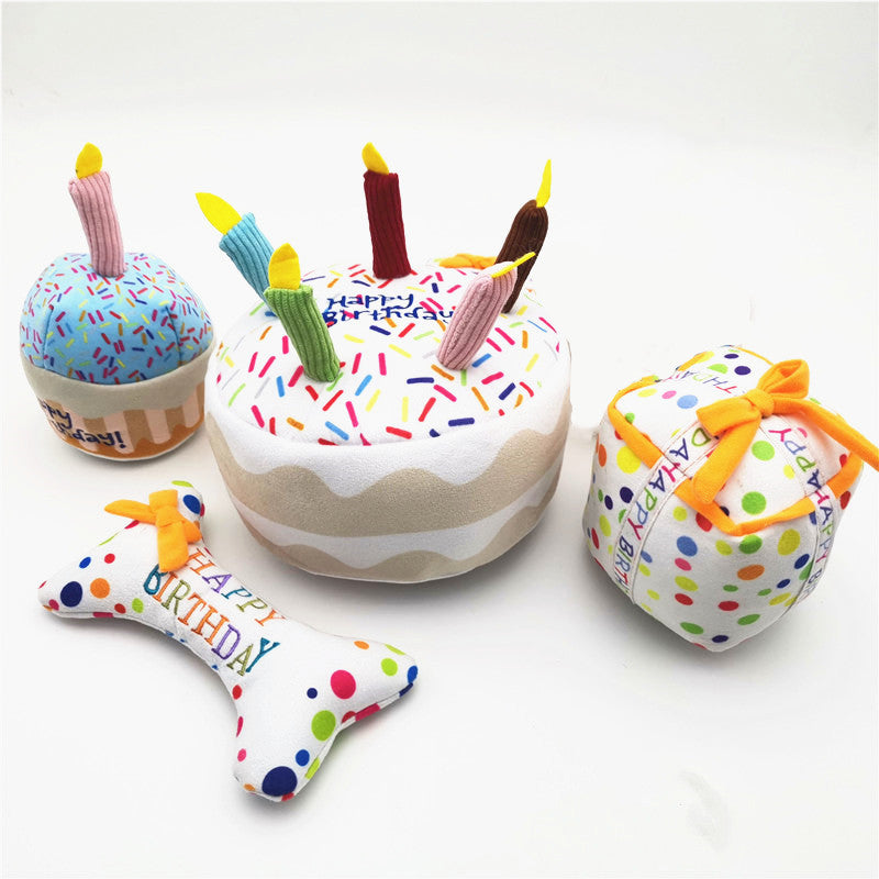 4-piece dog birthday plush set: cake with candles, cupcake, bone and gift box on Tampa Home & Garden Store