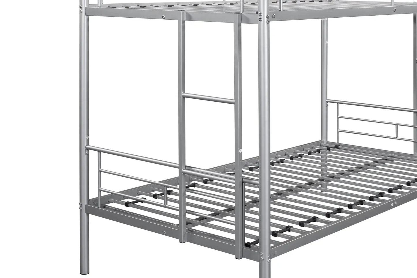 Metal twin over twin bunk bed with guardrails in silver finish; slatted beds on Tampa Home & Garden Store