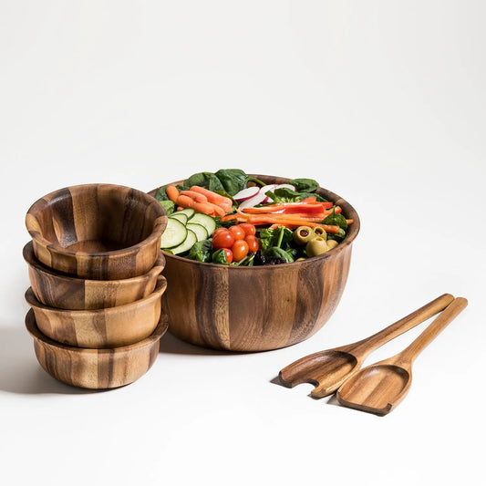 Kalmar Home large acacia wood salad bowl set with four bowls and wooden serving spoons on Tampa Home & Garden Store