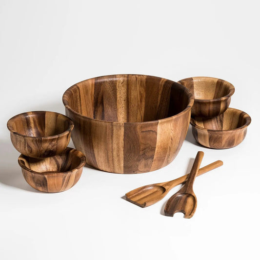 Kalmar Home extra large acacia salad bowl set with servers bowl and bowls with utensils on Tampa Home & Garden Store