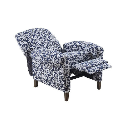 Kirby transitional push-back recliner chairs in navy damask fabric, two with dark wood legs on Tampa Home & Garden Store