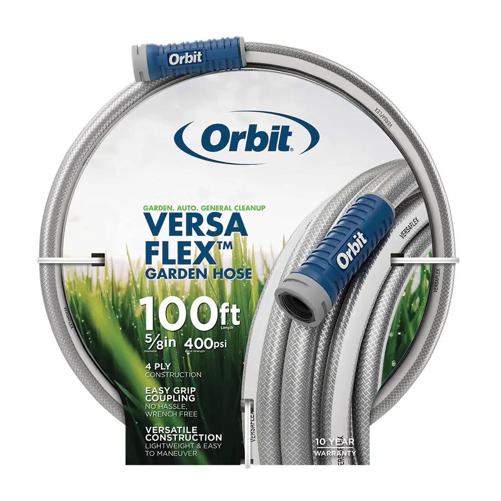 Orbit VersaFlex 100 ft garden hose with blue grip coupling and braided exterior on Tampa Home and Garden Store