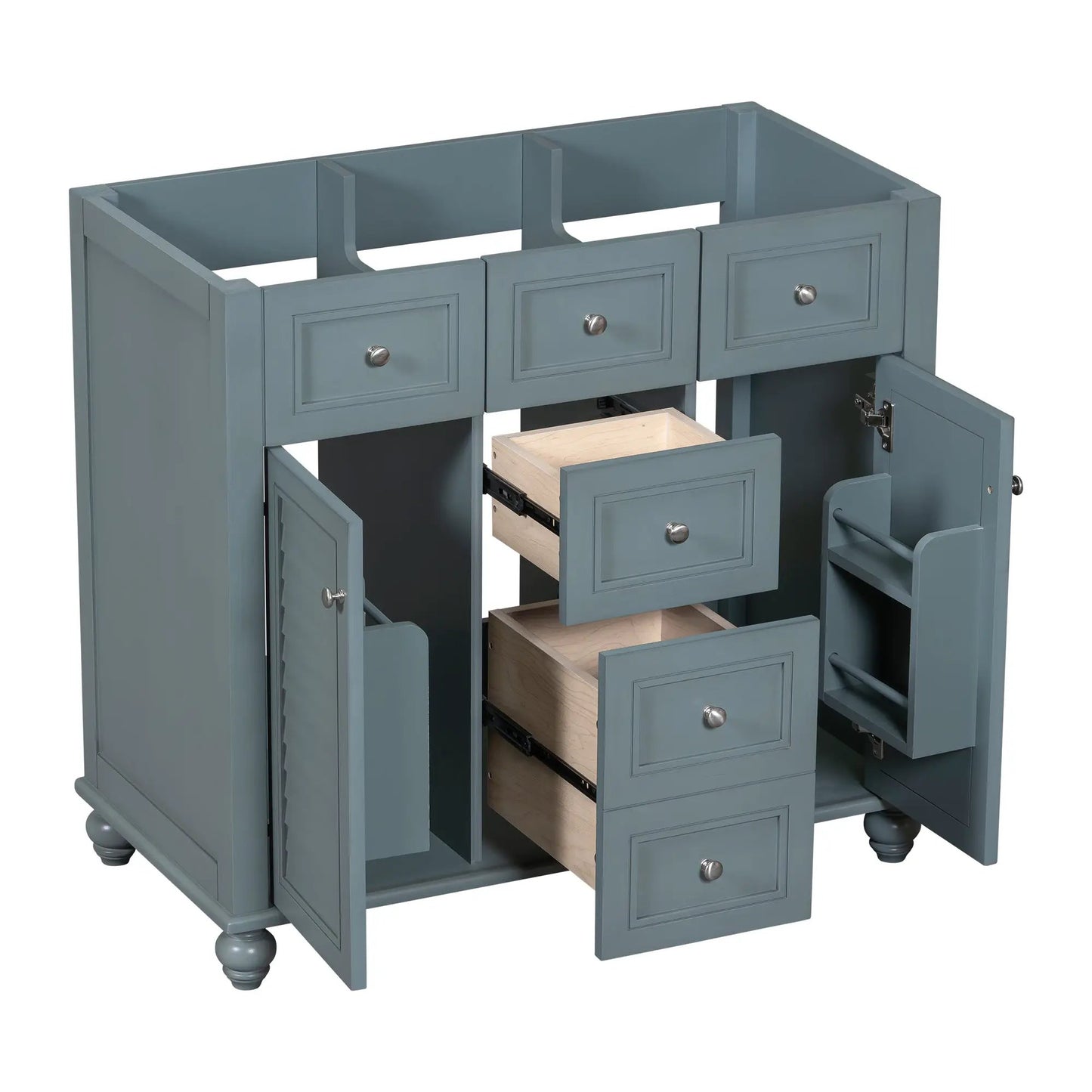 36-inch blue painted wood freestanding vanity cabinet with multiple drawers and doors on Tampa Home & Garden Store