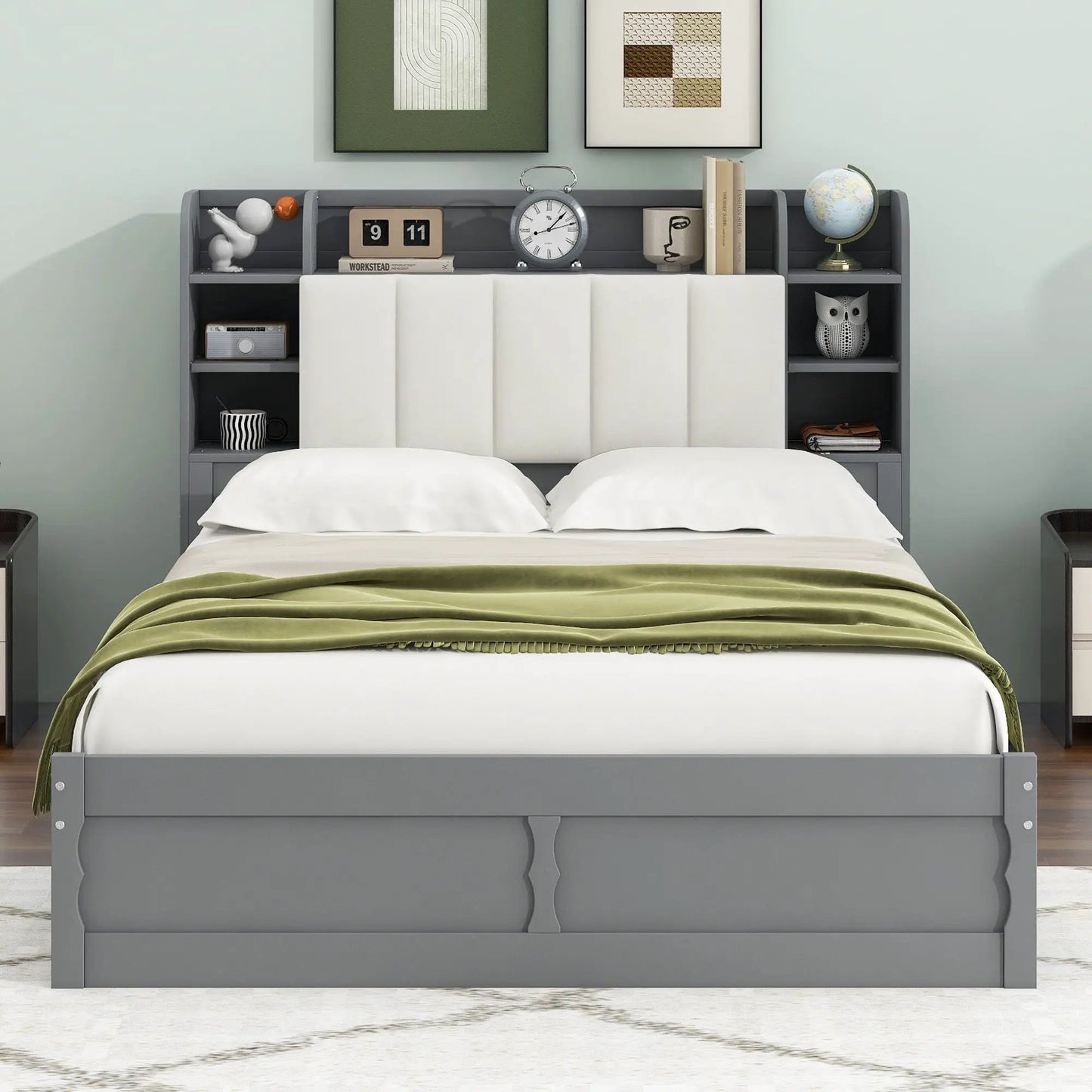 Gray wood queen platform bed with storage headboard and shelves; white bedding, green throw on Tampa Home & Garden Store