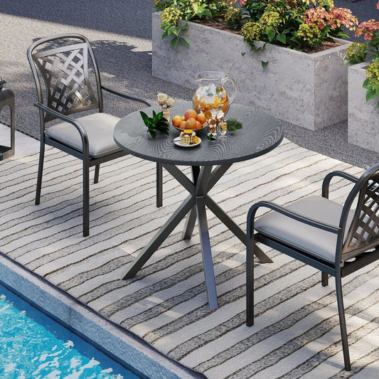 Round patio bistro table with wood-like gray top and X-shaped base on Tampa Home & Garden Store