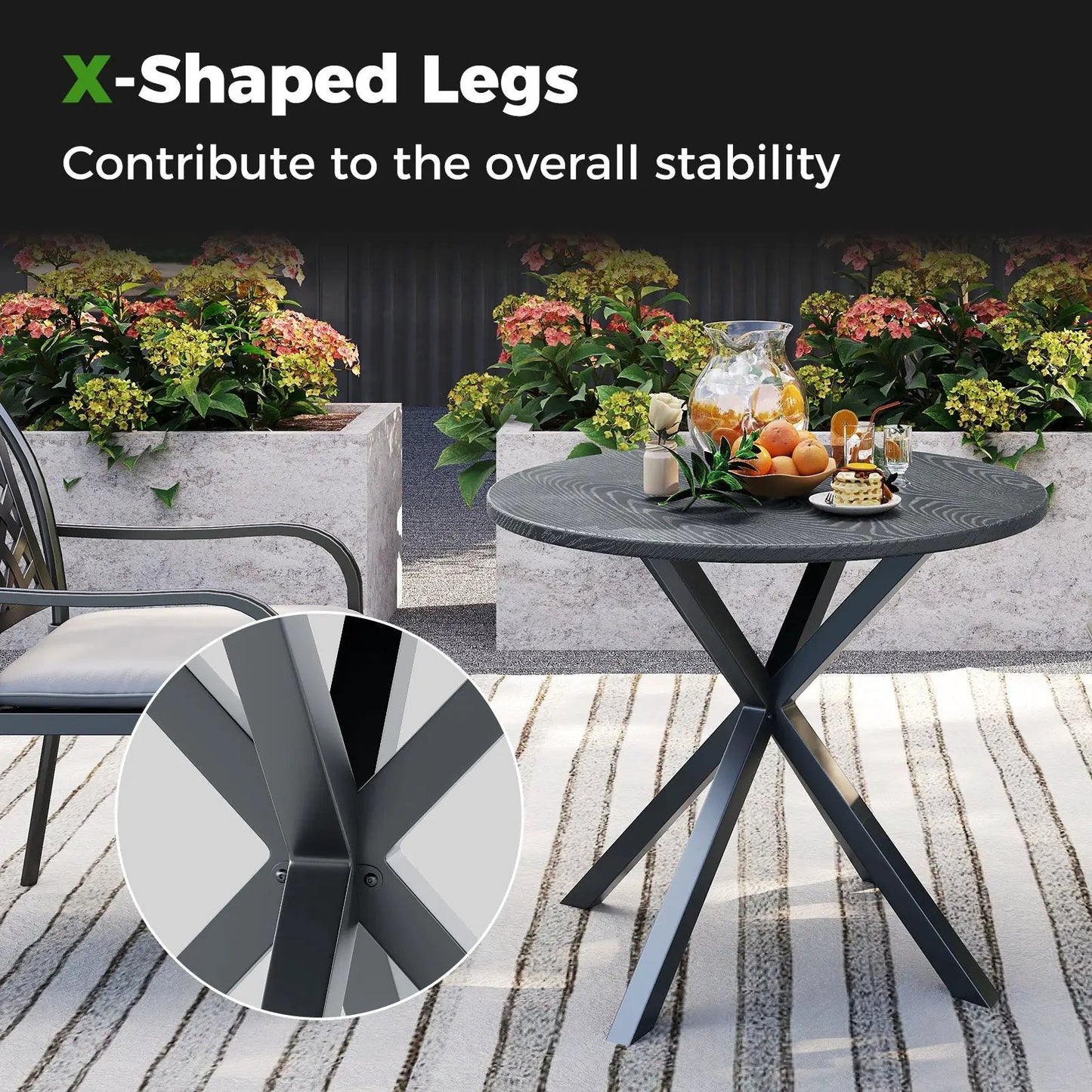 Round patio bistro table with wood-like gray top and X-shaped legs on Tampa Home & Garden Store