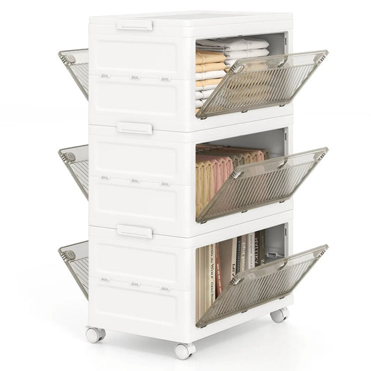 33 gallon stackable storage bins with white lids on a white wheeled organizer, five-bin set on Tampa Home & Garden Store
