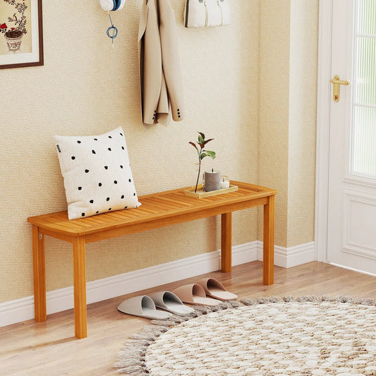 Acacia wood outdoor slatted bench with natural finish on Tampa Home & Garden Store