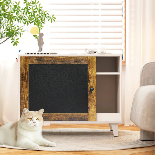 Hidden Litter Box Enclosure With Scratching Pad in woodgrain cabinet, cat lounging nearby on Tampa Home & Garden Store