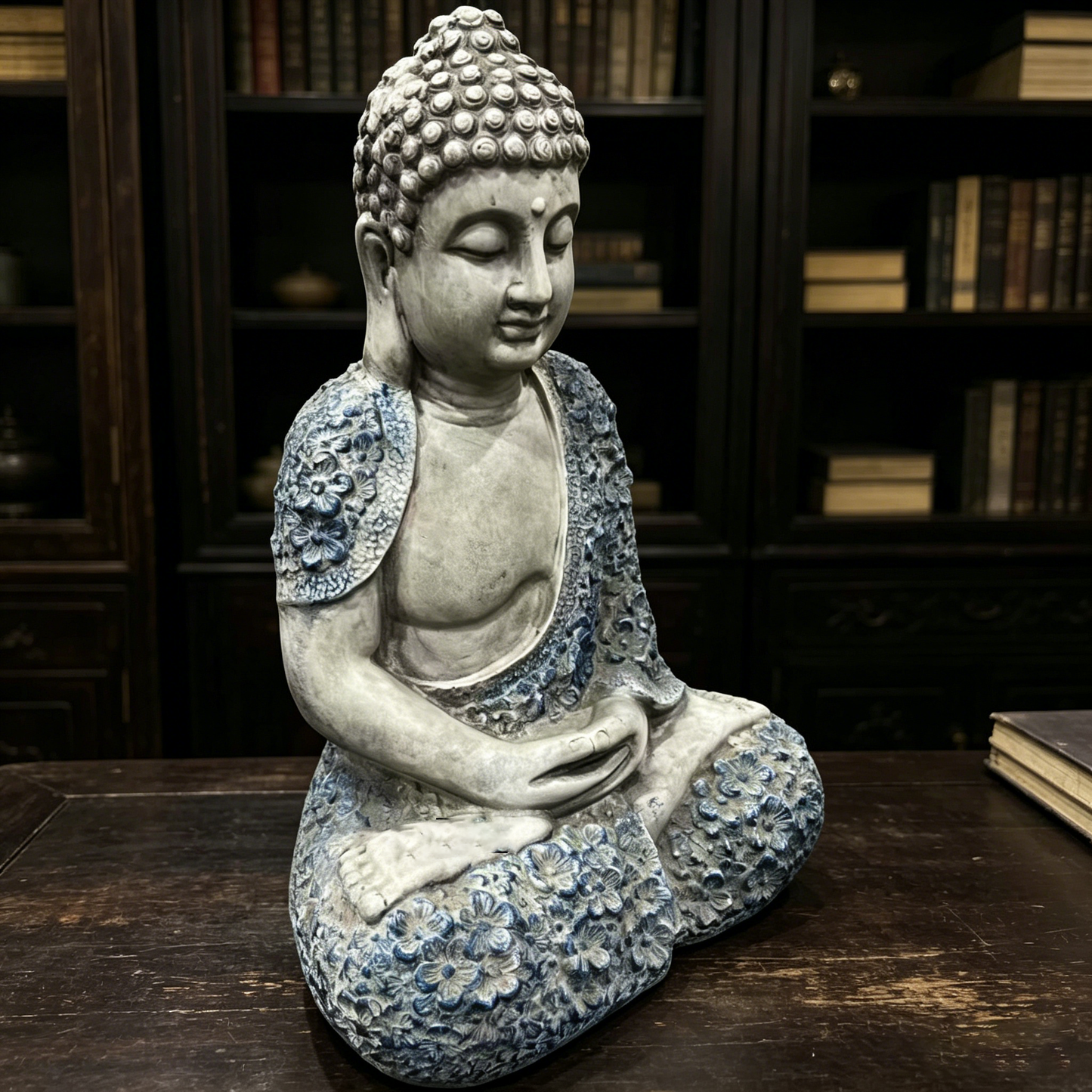 16'' Weatherproof Resin Buddha Garden Statue by HouseOfZazla, gray with blue floral robe on Tampa Home & Garden Store