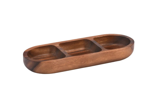 Kalmar Home three-compartment acacia wood candy and nut tray for tabletop use on Tampa Home & Garden Store