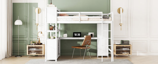 Wood Loft Bed with Cabinet and Bookshelf, Full Size Loft with Wardrobe and Desk for Kids,White - Tampa Home & Garden Store