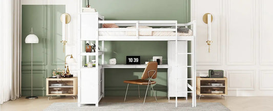 Wood Loft Bed with Cabinet and Bookshelf in white with built-in desk and ladder on Tampa Home & Garden Store