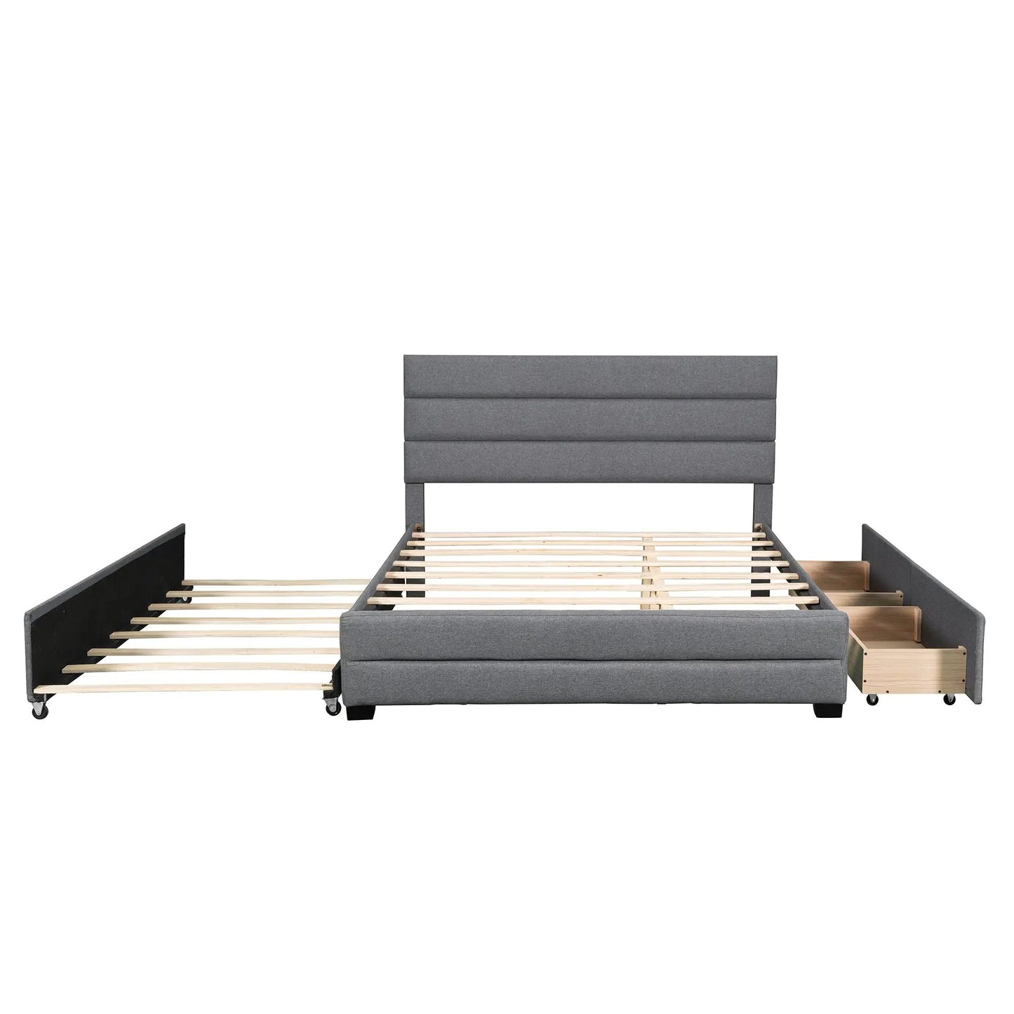 Queen upholstered platform bed with twin trundle, gray 4-panel headboard, slatted frame and drawer on Tampa Home & Garden Store