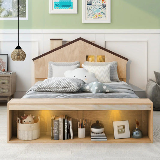 Full size house-shaped platform bed in natural wood with LED lighting and built-in display cubbies on Tampa Home & Garden Store