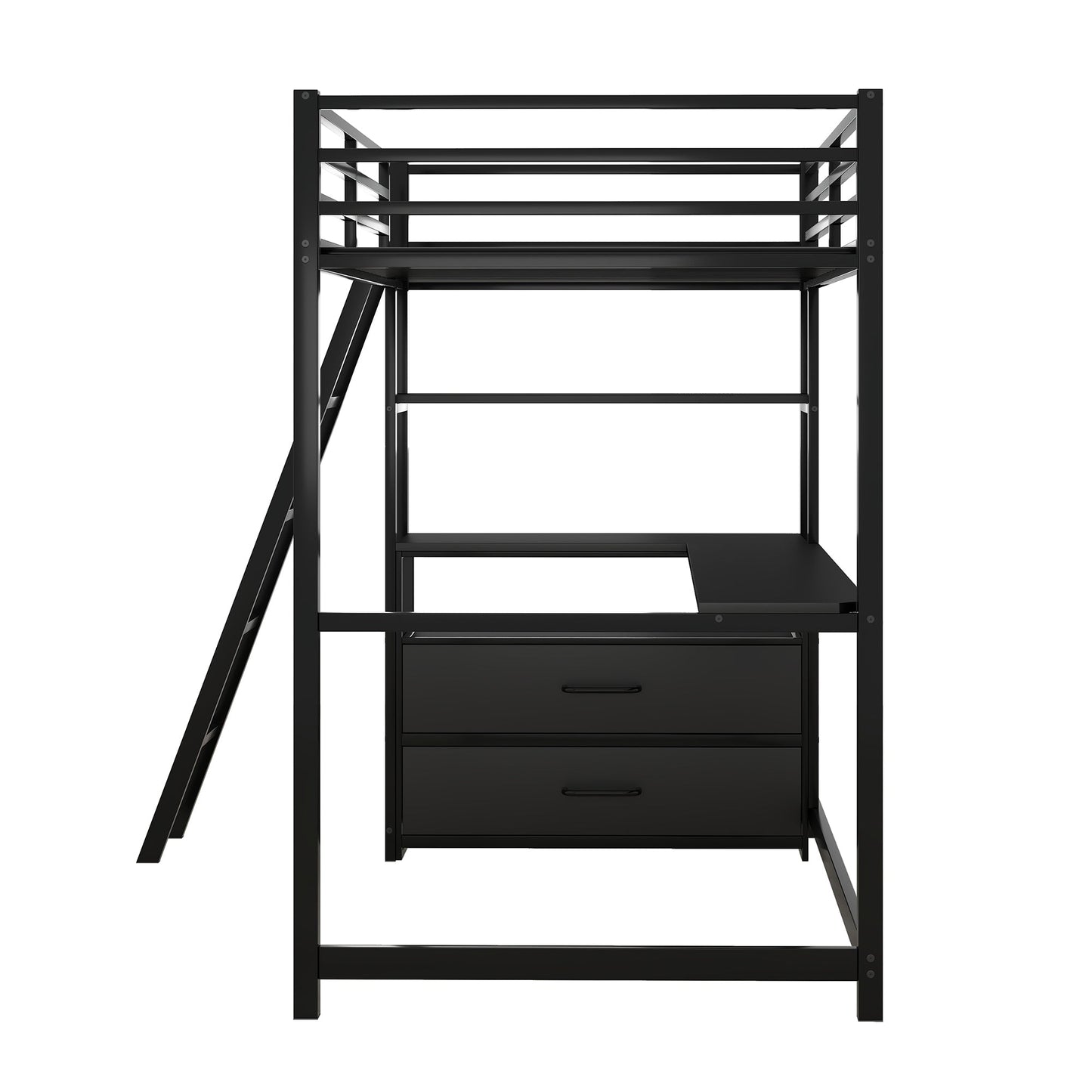 Cama Alta de Metal y Madera, Tamaño Twin, con Escritorio y Estantes, Dos Cajones Incorporados, Negra