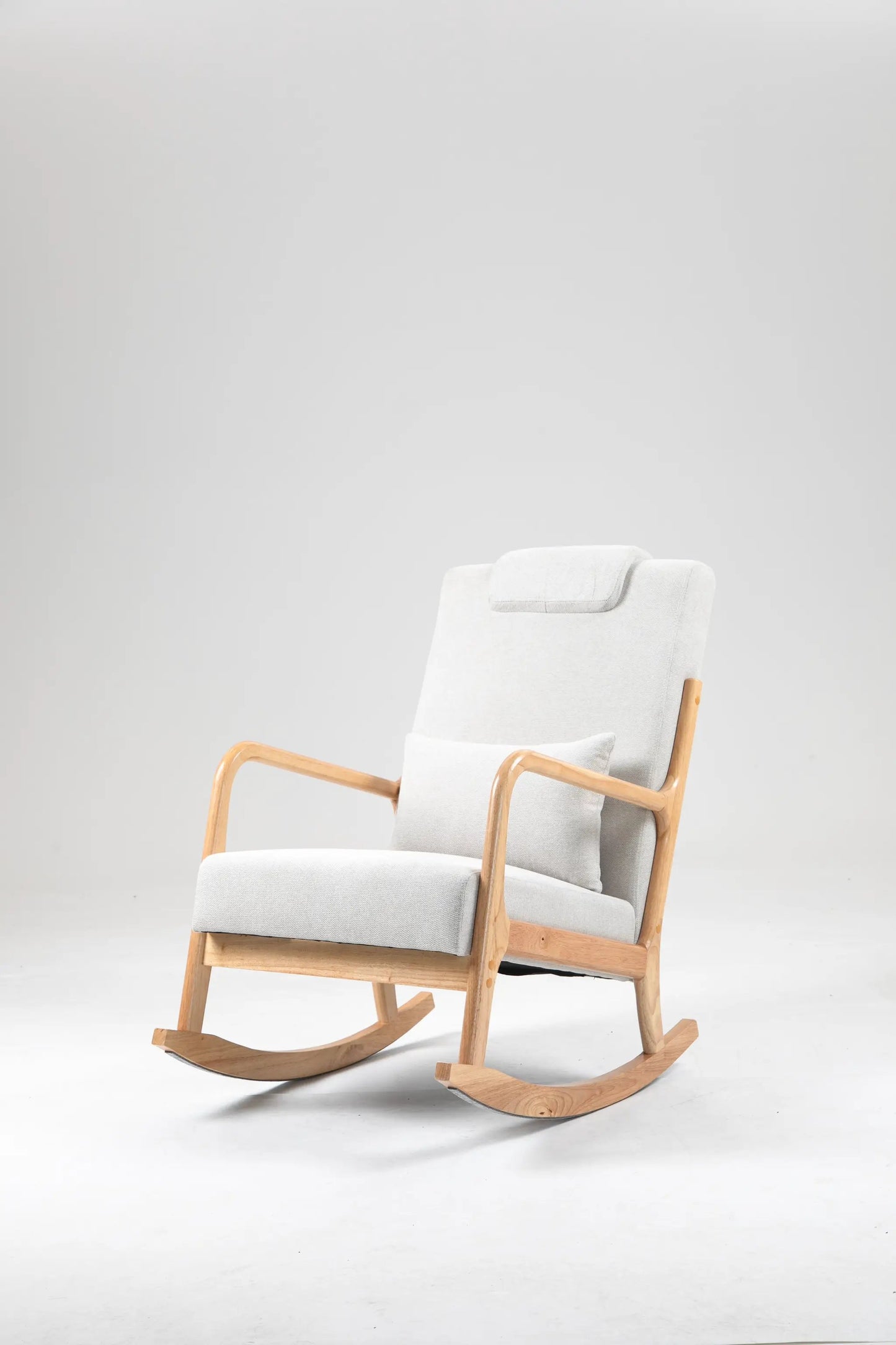 Beige Linen Rocking Chair with Lumbar Pillow featuring light wood curved arms and rockers on Tampa Home & Garden Store