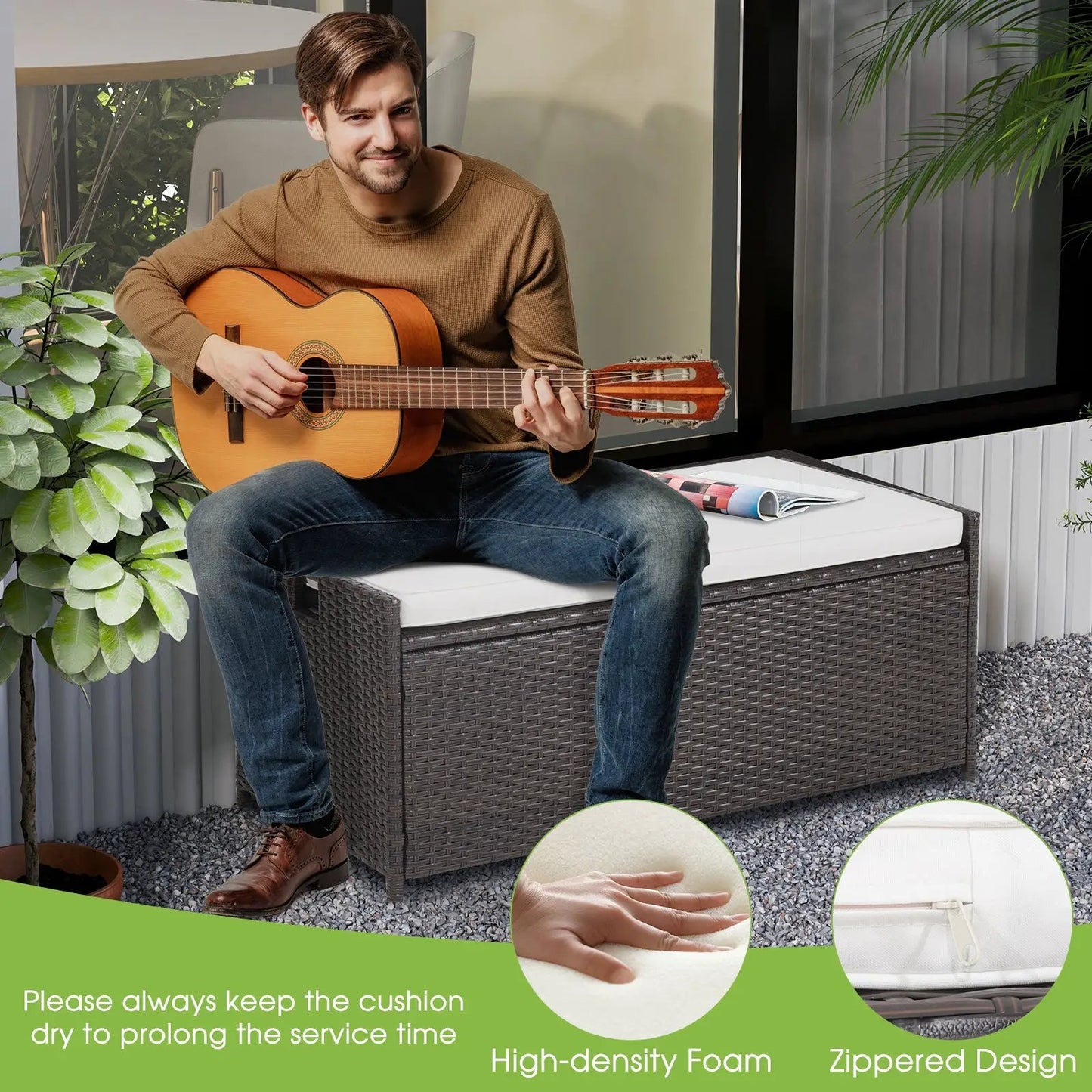 34 Gallon Patio Storage Bench with White Seat Cushion, Brown Wicker on Tampa Home & Garden Store