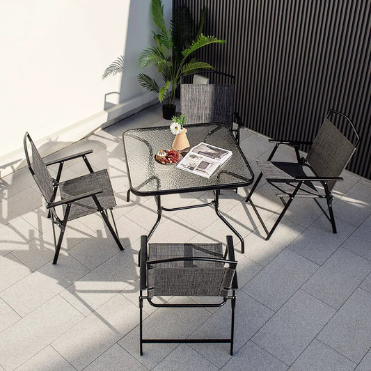 34 Inch outdoor square tempered glass table with umbrella hole, black metal frame, four chairs on Tampa Home & Garden Store