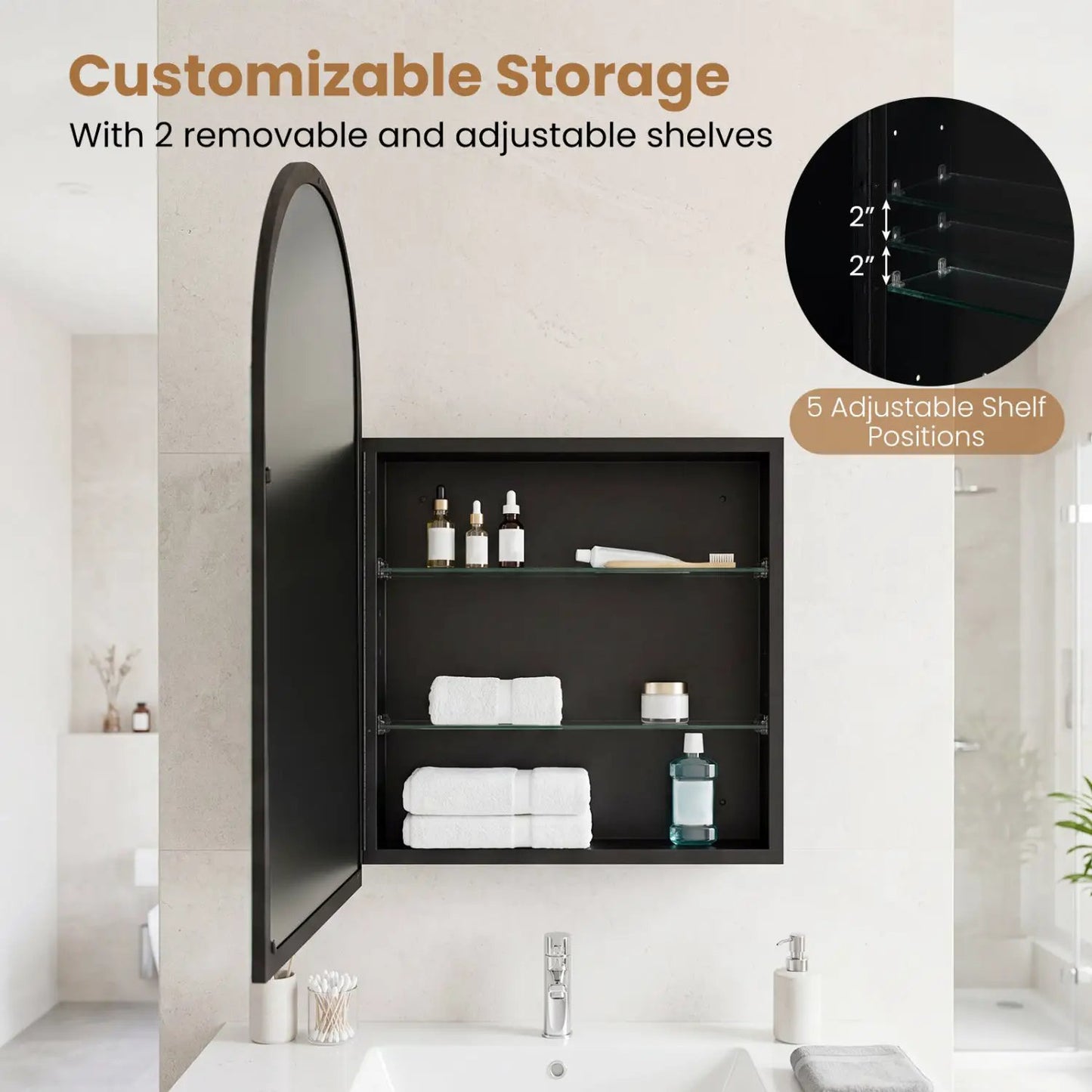 Wall Mounted Arched Mirror Medicine Cabinet DirectDeals, black with adjustable shelves on Tampa Home & Garden Store