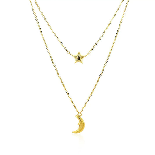 14K yellow gold moon and star necklace with two layered chains by Bids on Tampa Home & Garden Store