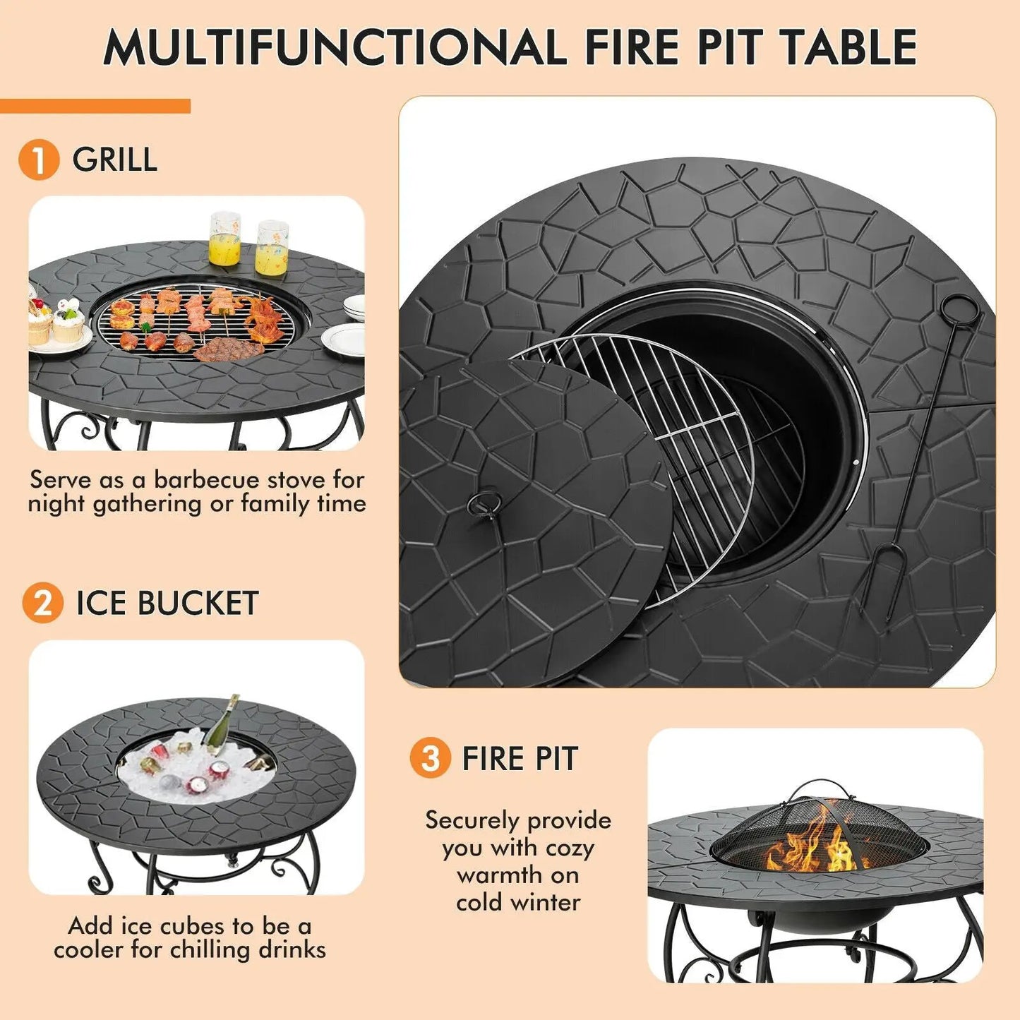 Patio Fire Pit Dining Table with BBQ Grate in black metal by DirectDeals on Tampa Home & Garden Store