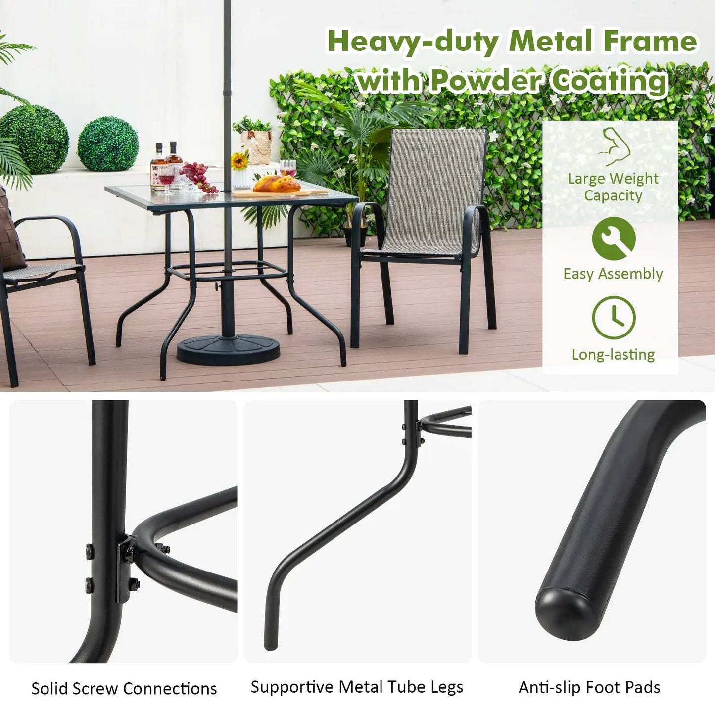 Patio dining table 35x35 with umbrella hole, black powder-coated metal frame with chairs on Tampa Home & Garden Store
