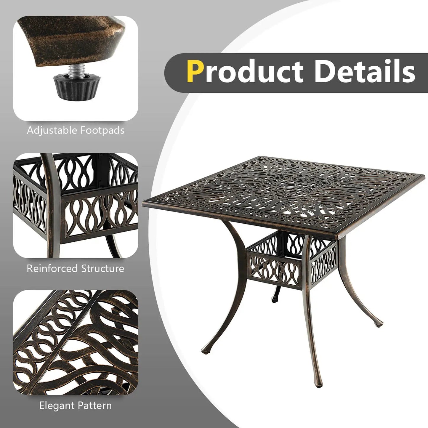 DirectDeals aluminum patio square dining table 35.4-inch with umbrella hole bronze finish on Tampa Home & Garden Store