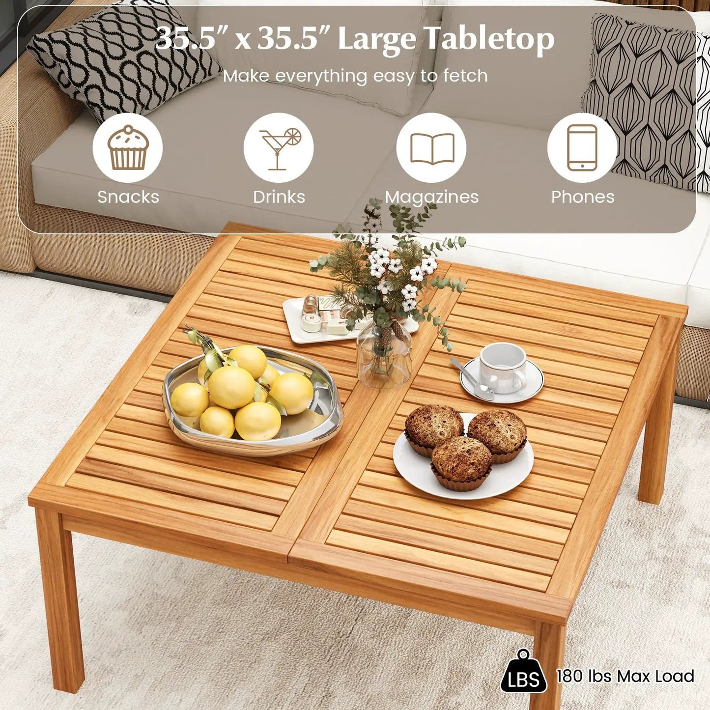 35.5 Inches Patio Solid Acacia Wood Coffee Table Side Table - Tampa Home & Garden Store