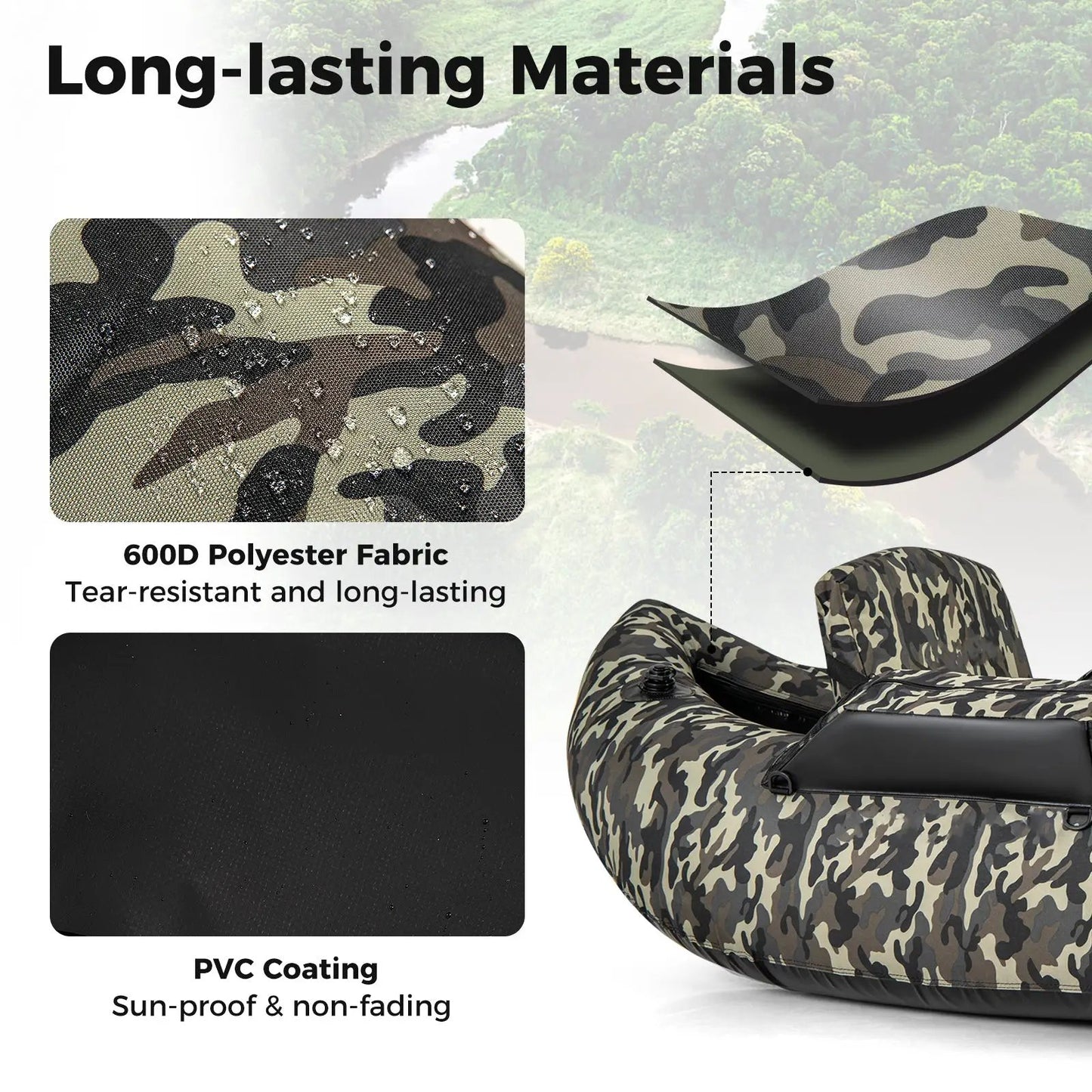 350 Lbs inflatable fishing float tube with backrest, camouflage pattern, DirectDeals on Tampa Home & Garden Store