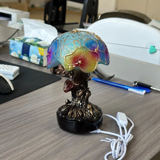 USB resin mushroom lamp with hand-painted rainbow LED light on a dark bronze stem base on Tampa Home & Garden Store