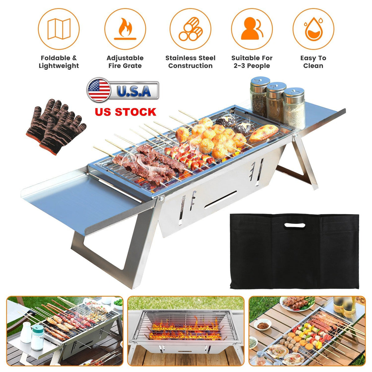 3-in-1 Foldable Charcoal Grill fire pit stainless steel portable BBQ for 2β3 people GemGear on Tampa Home & Garden Store