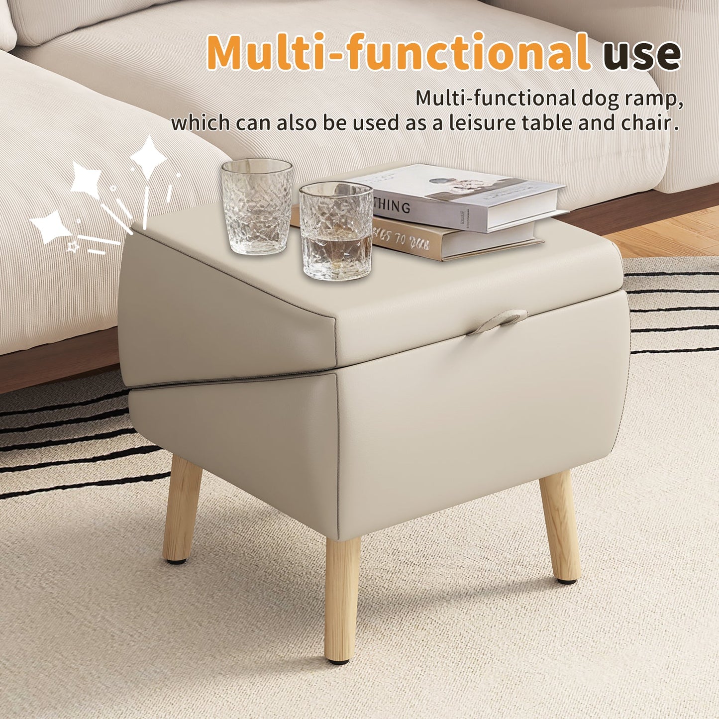 Beige upholstered ottoman with light wood legs, two crystal glasses and a stack of books on top on Tampa Home & Garden Store