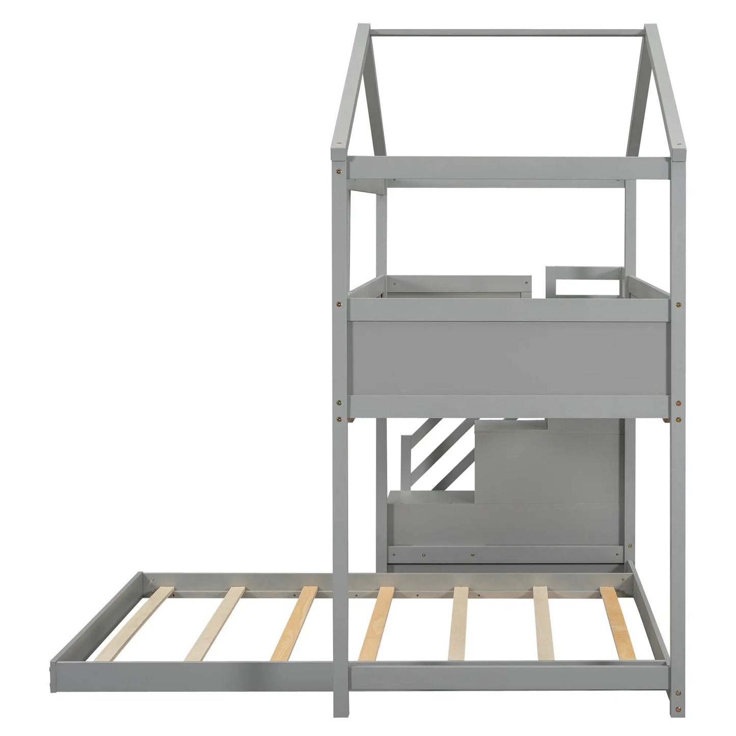 Twin over full gray metal bunk bed frame with storage staircase and slatted bases on Tampa Home & Garden Store