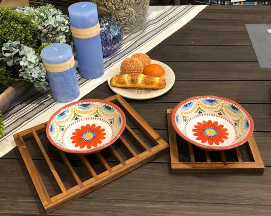 Kalmar Home Acacia Wood Trivets, set of 2, slatted rectangular coasters for tabletop on Tampa Home & Garden Store