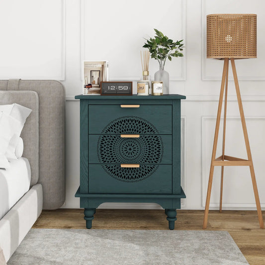 Hollow Carved 3-drawer teal dresser with metal handles and circular front cutouts on Tampa Home & Garden Store