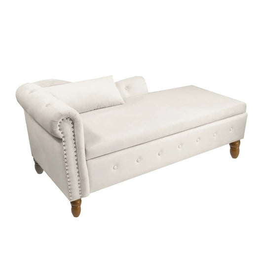 Beige velvet chaise lounge with tufted upholstery, rolled arm, nailhead trim, and wooden legs on Tampa Home & Garden Store