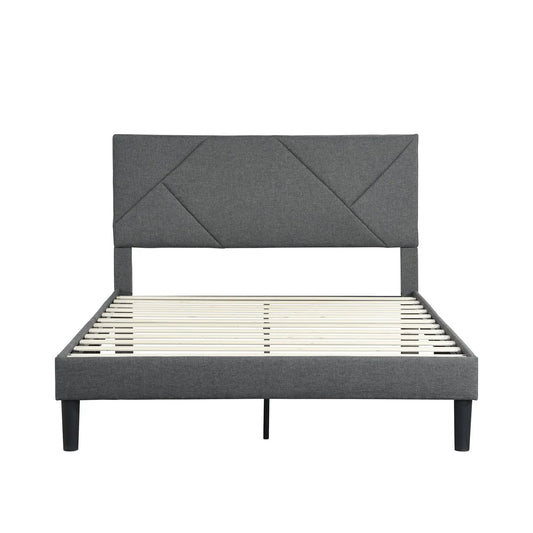 Queen size upholstered bed frame in grey with diamond pattern headboard and wood slat base on Tampa Home & Garden Store