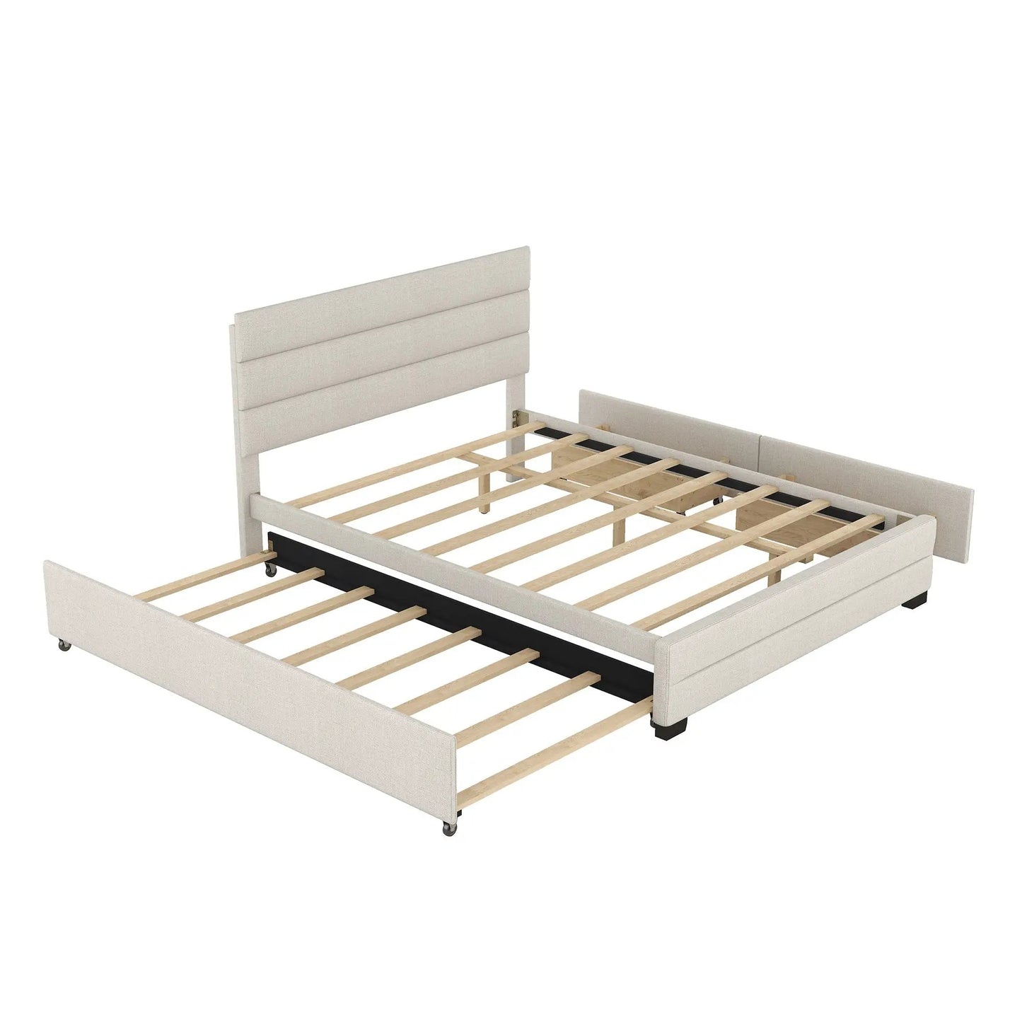 Queen upholstered platform bed with beige fabric headboard and twin trundle VIP on Tampa Home & Garden Store
