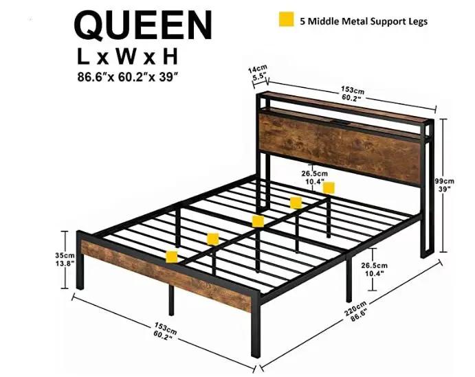 Base de cama de plataforma de metal tamaño Queen con cabecera y piecera de madera con puerto USB