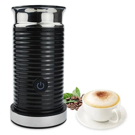 Automatic Milk Frother in black with blue power button and metal base beside a cappuccino on Tampa Home & Garden Store